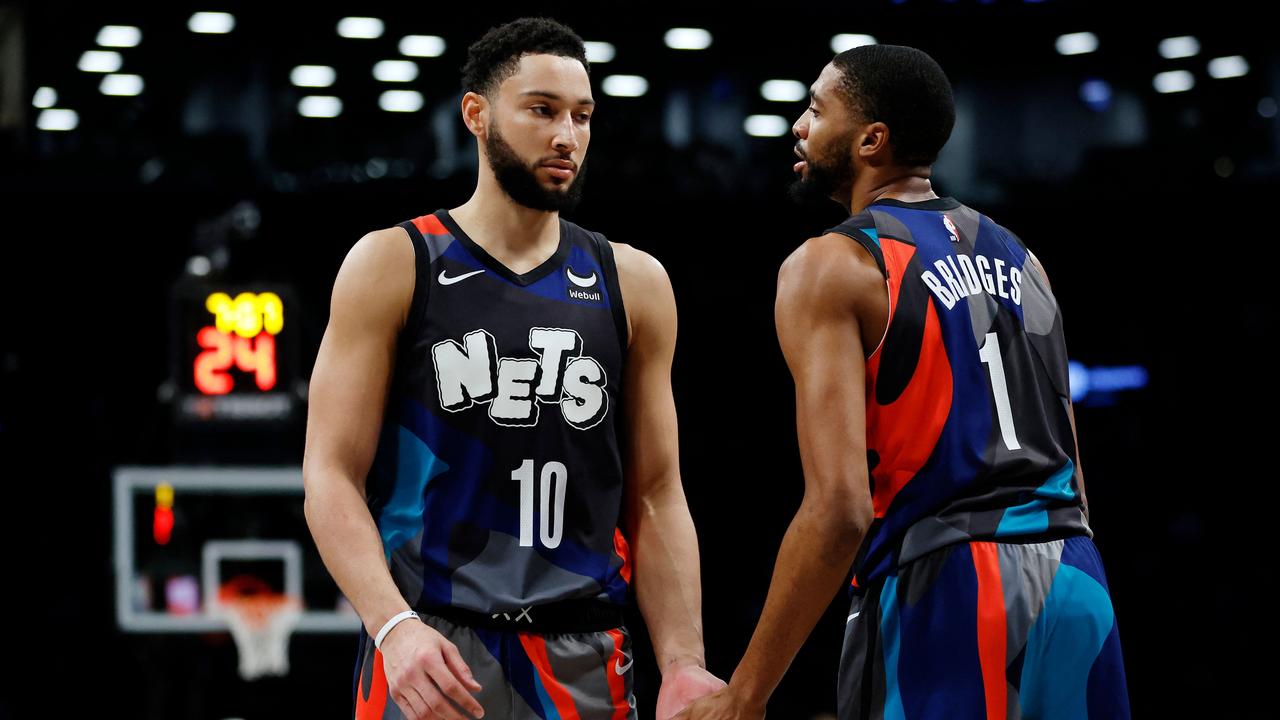 Mikal Bridges reacts with Ben Simmons. Picture: Sarah Stier / Getty Images via AFP