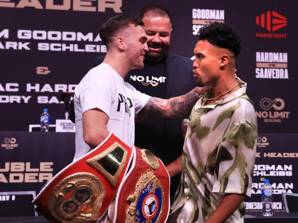 Sam Goodman slaps Mark Schleibs at their pre-fight press conference. Picture: No Limit Boxing