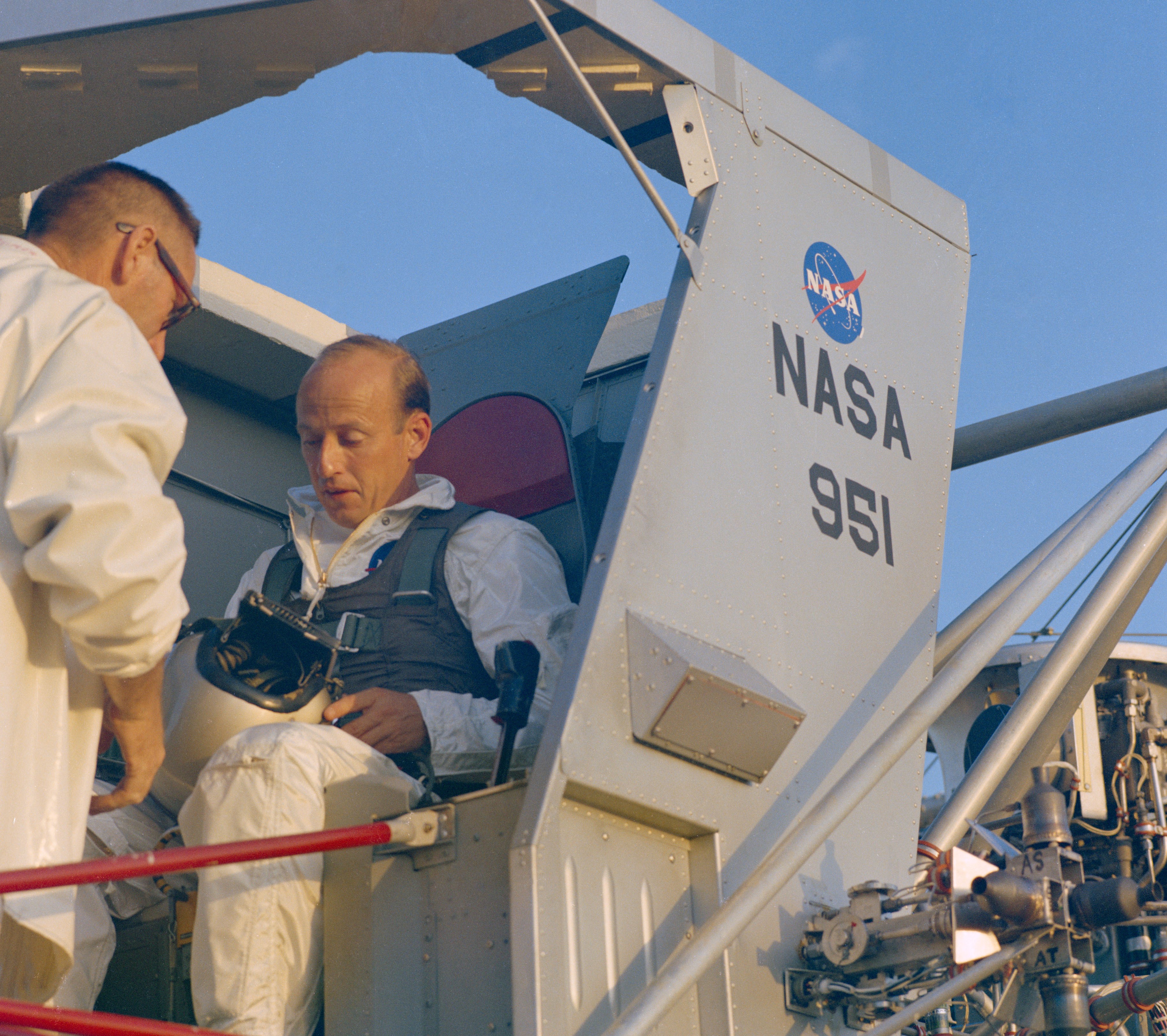 Conrad after completing a flight in the Lunar Landing Training Vehicle