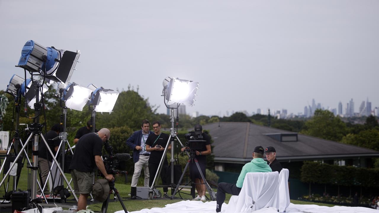 LONDON, ENGLAND – JUNE 29: Former tennis player, John McEnroe talks with Nick Kyrgios of Australia prior to The Championships Wimbledon 2024 at All England Lawn Tennis and Croquet Club on June 29, 2024 in London, England. (Photo by Adam Pretty/Getty Images)