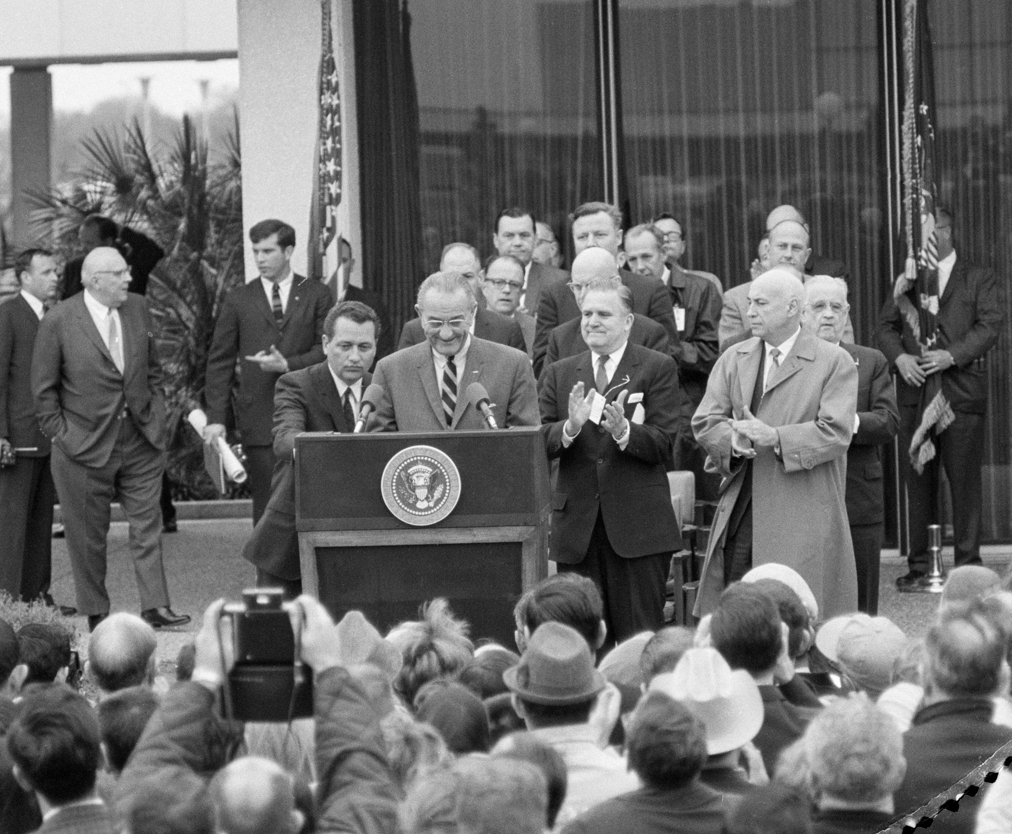 President Lyndon B. Johnson addresses a crowd during a March 1968 visit to the Manned Spacecraft Center, now NASA’s Johnson Space Center, in Houston