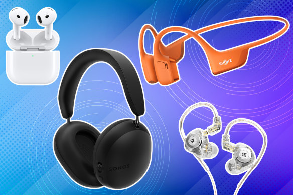 From left: Apple AirPods 4 with ANC; Sonos Ace; Shokz OpenRun Pro 2; KZ EDX Pro.