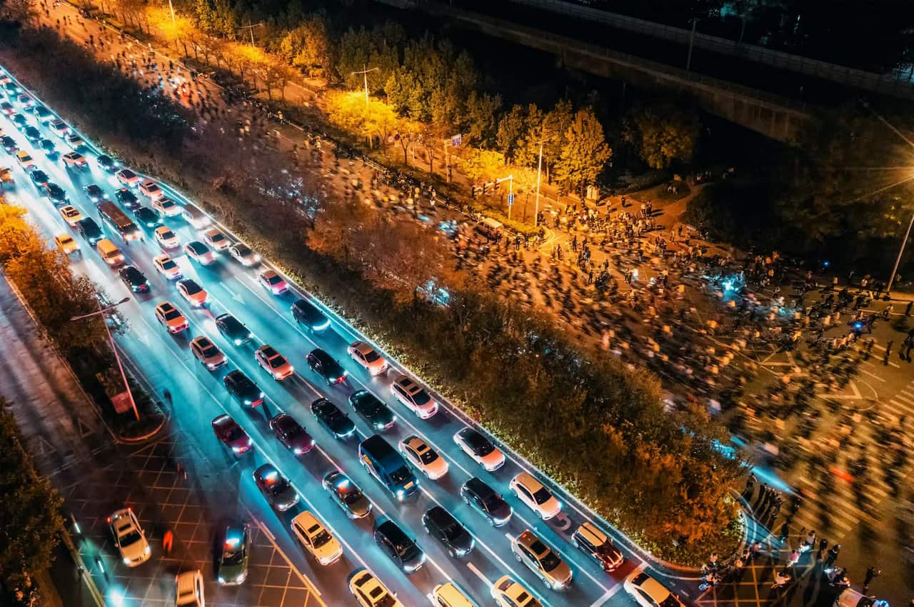 Aerial view of a traffic jam at night