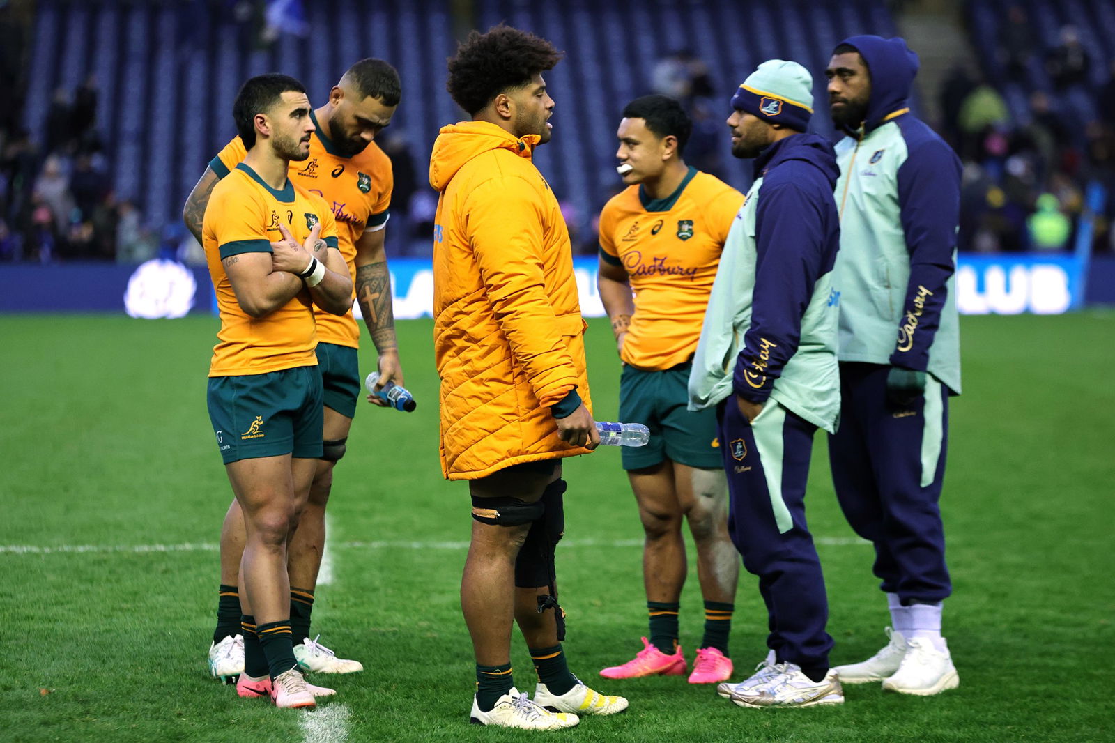 The Wallabies gather after loss to Scotland.