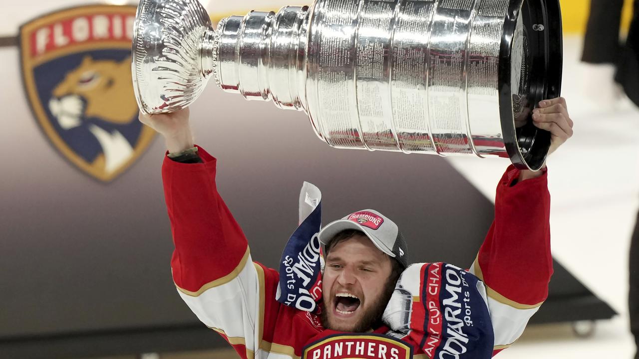Florida Panthers forward Aleksander Barkov hoists the Stanley Cup in 2024. Picture: The Canadian Press