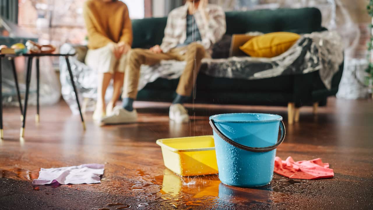 Water dripping into buckets on the floor, while a couple sits on a couch in the background.