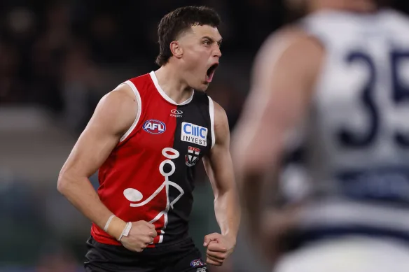 Rowan Marshall, here celebrating a goal against the Cats in 2024, has requested a trade to Geelong.
