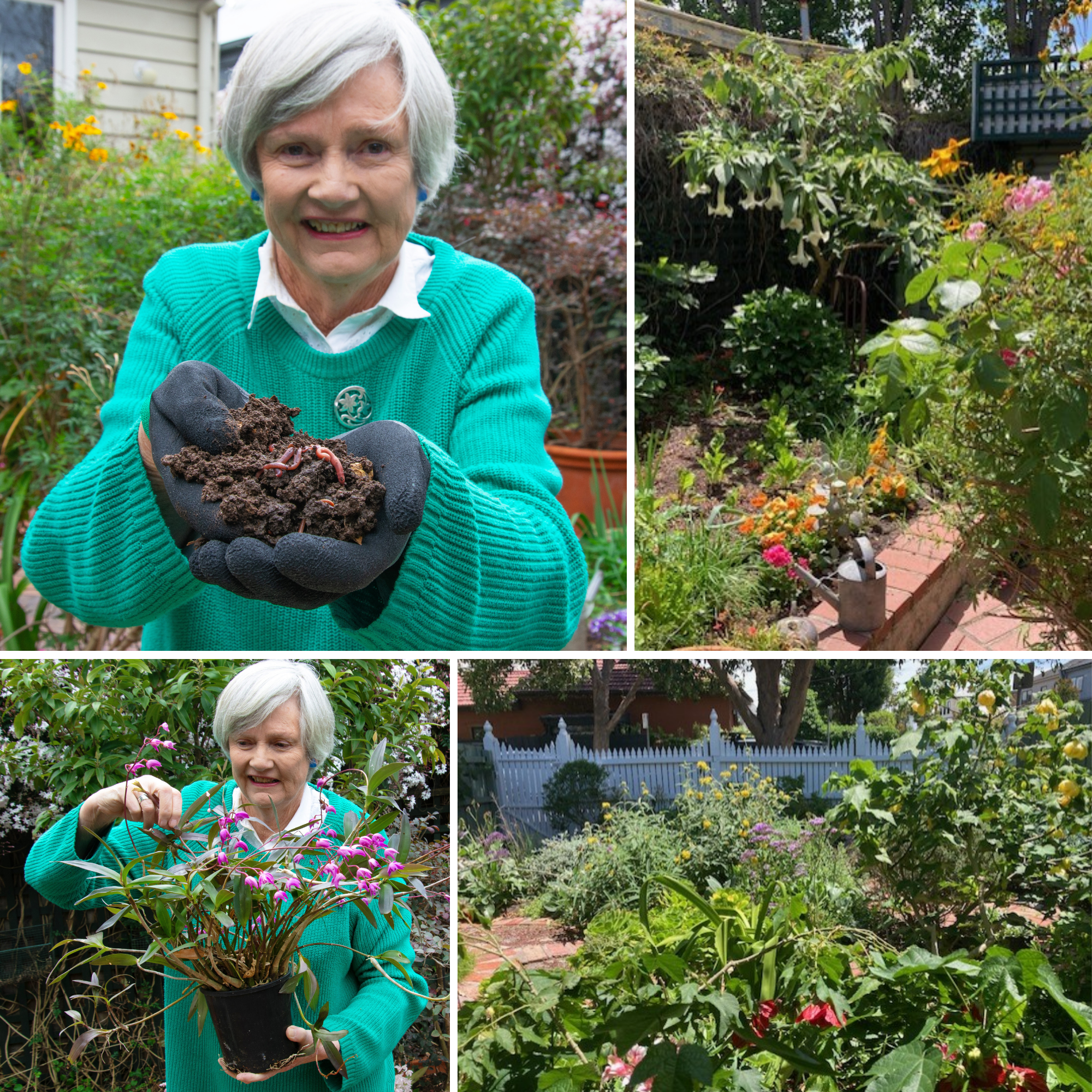 A vibrant floral garden with a white picket fence in the background. A woman in an knitted jumper holds a handful of dirt aworms