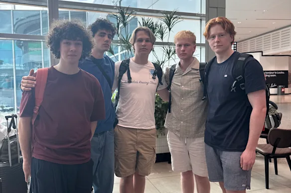 Oli Gill, Alex Marchesani, Henry Willee, Tom Feeney, Oscar Sorell waiting at Sydney Airport on Saturday for a flight to Brisbane.