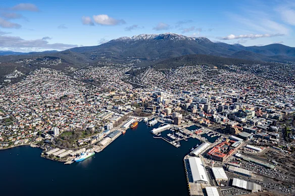 Hobart waterfront with kunanyi/Mount Wellington beyond.