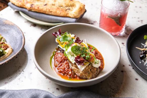 Chraime-spiced eggplant with green chilli, cucumber, labneh and tomato broth.