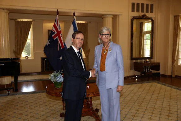 Governor-General of Australia, Sam Mostyn, with President of the State of Israel, Isaac Herzog, during a meeting at Government House in Canberra on February 11.