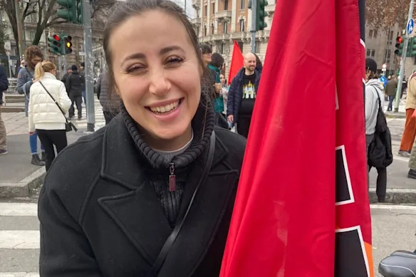 Unionist Jessica Todaro at the protest against the Winter Olympics in Milan.