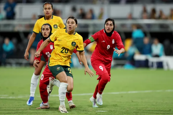 Mary Fowler and Sam Kerr during the Matildas’ Olympic qualifier against Iran in Perth in October 2023.