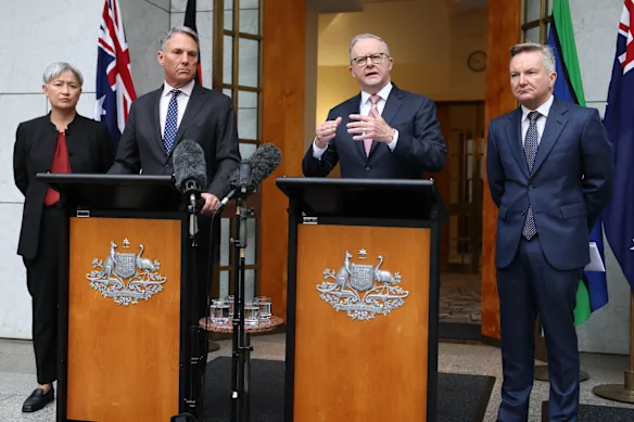 Foreign Minister Penny Wong, Defence Minister Richard Marles, Prime Minister Anthony Albanese and Energy Minister Chris Bowen on Tuesday.
