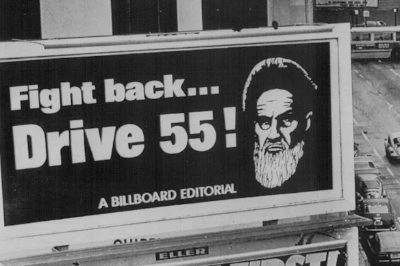 An image of Iran’s Ayatollah Khomeini being used to encourage San Francisco motorists to conserve petrol in January 1980.