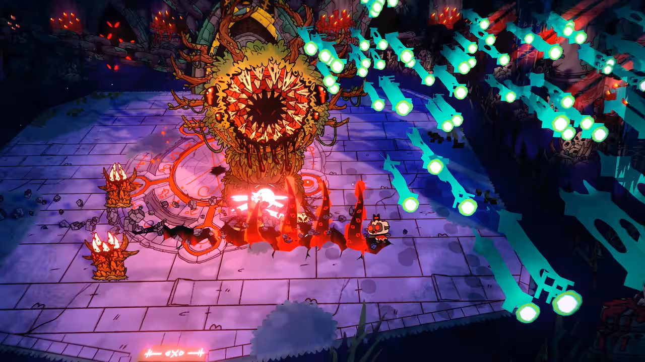 A screenshot of a video game, showing a dungeon, and several monsters.