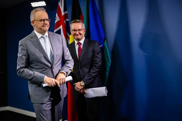 Prime Minister Anthony Albanese and Energy Minister Chris Bowen in Sydney on Saturday. 