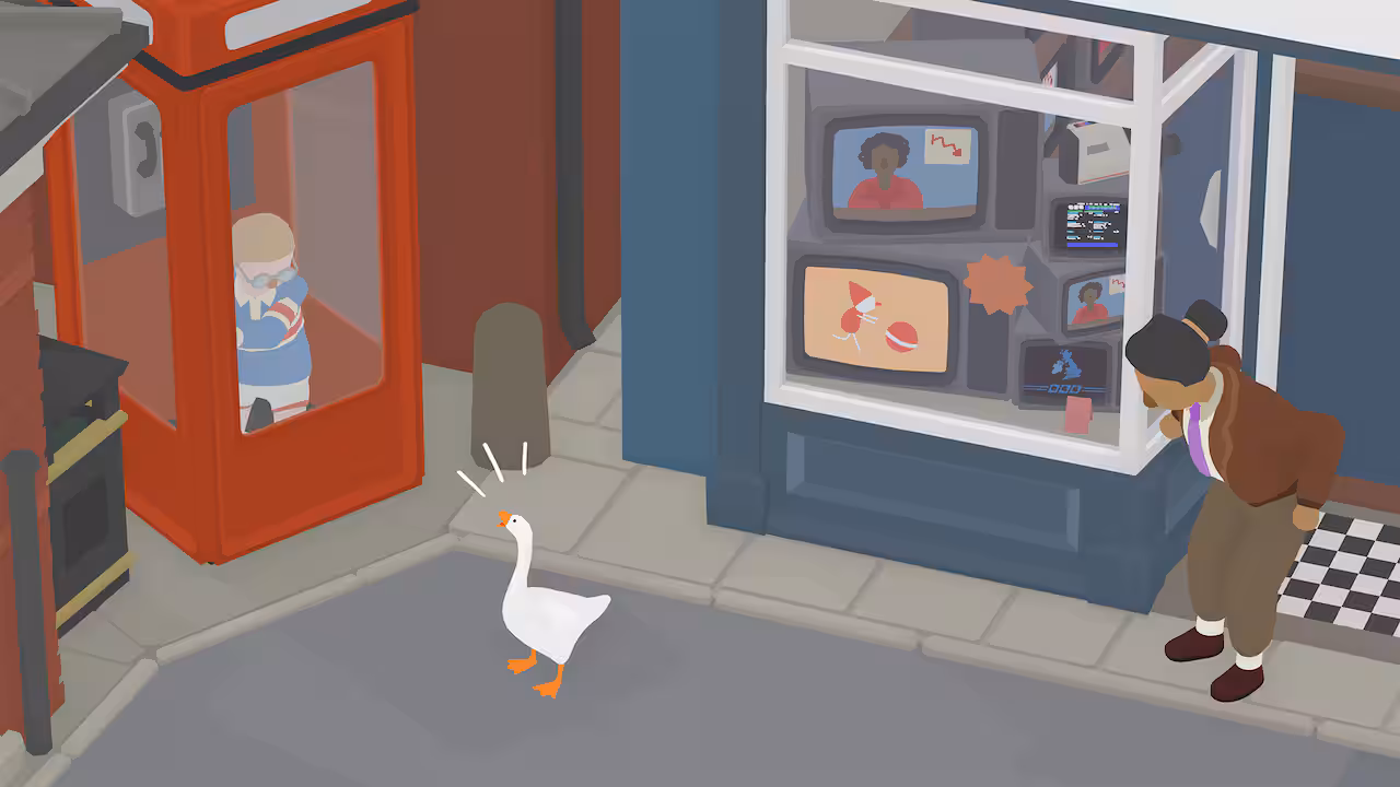 A screenshot from a video game, in which a cartoon goose is honking at a young boy trapped in a phone booth.