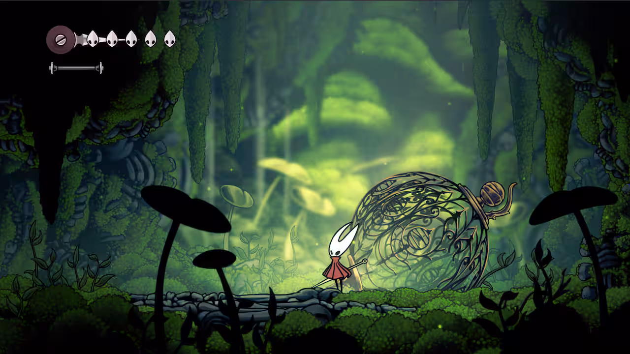 A screenshot from a video game, featuring an insect creature in a green environment.