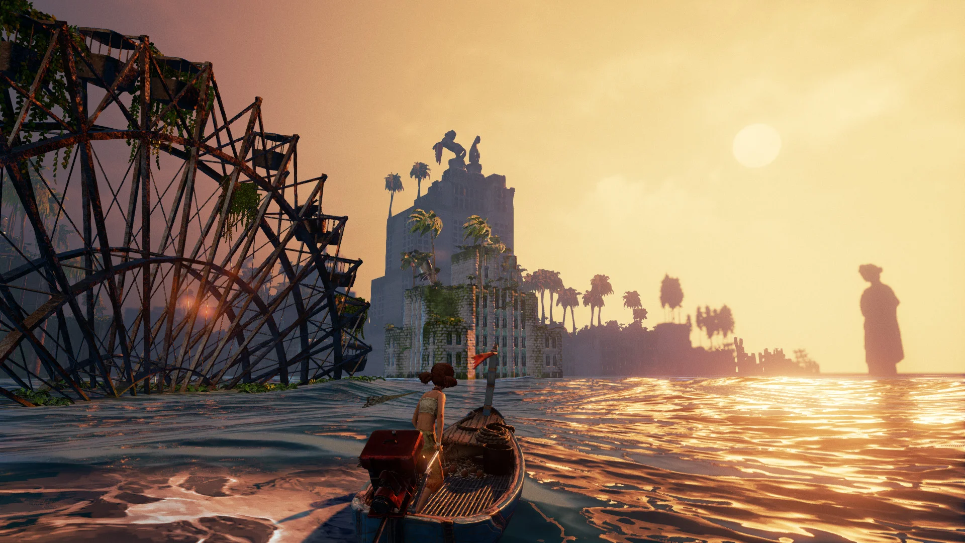 A screenshot from a video game, with a character on a boat, navigating the seas amid sunken ruins.