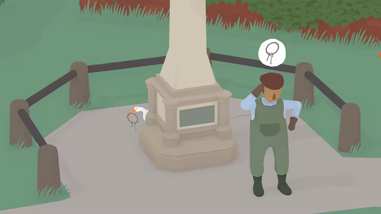 A screenshot of a video game in which a goose, hidden behind a statue, is holding some keys. A farmer is scratching his head in confusion, with a thought bubble showing keys.