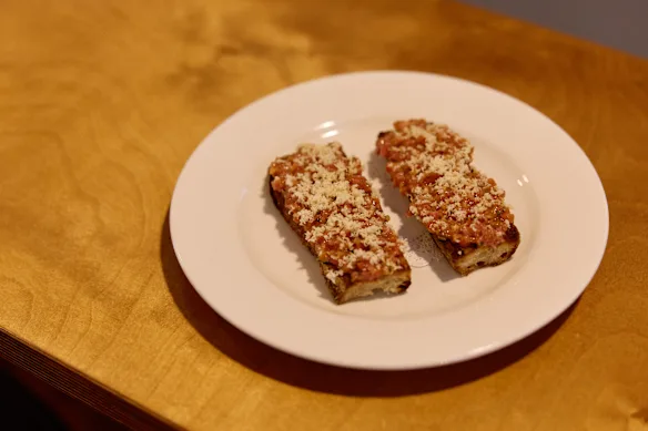 Beef tartare toast with horseradish.
