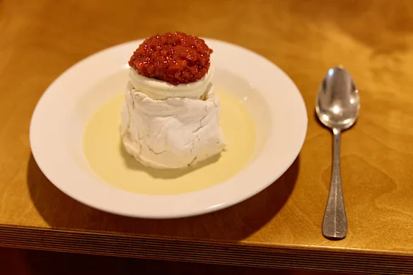 Brown sugar meringue with rhubarb, mascarpone and pistachio.