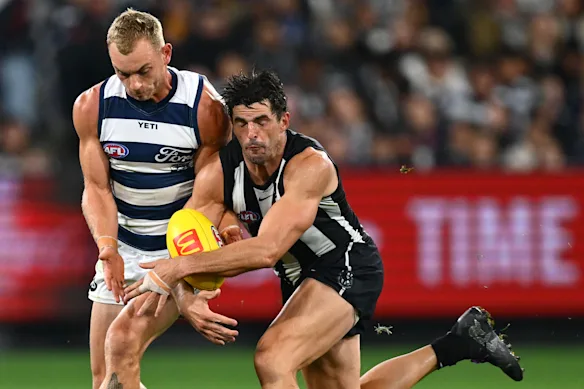 Collingwood’s Scott Pendlebury and Cat James Worpel fight for possession.