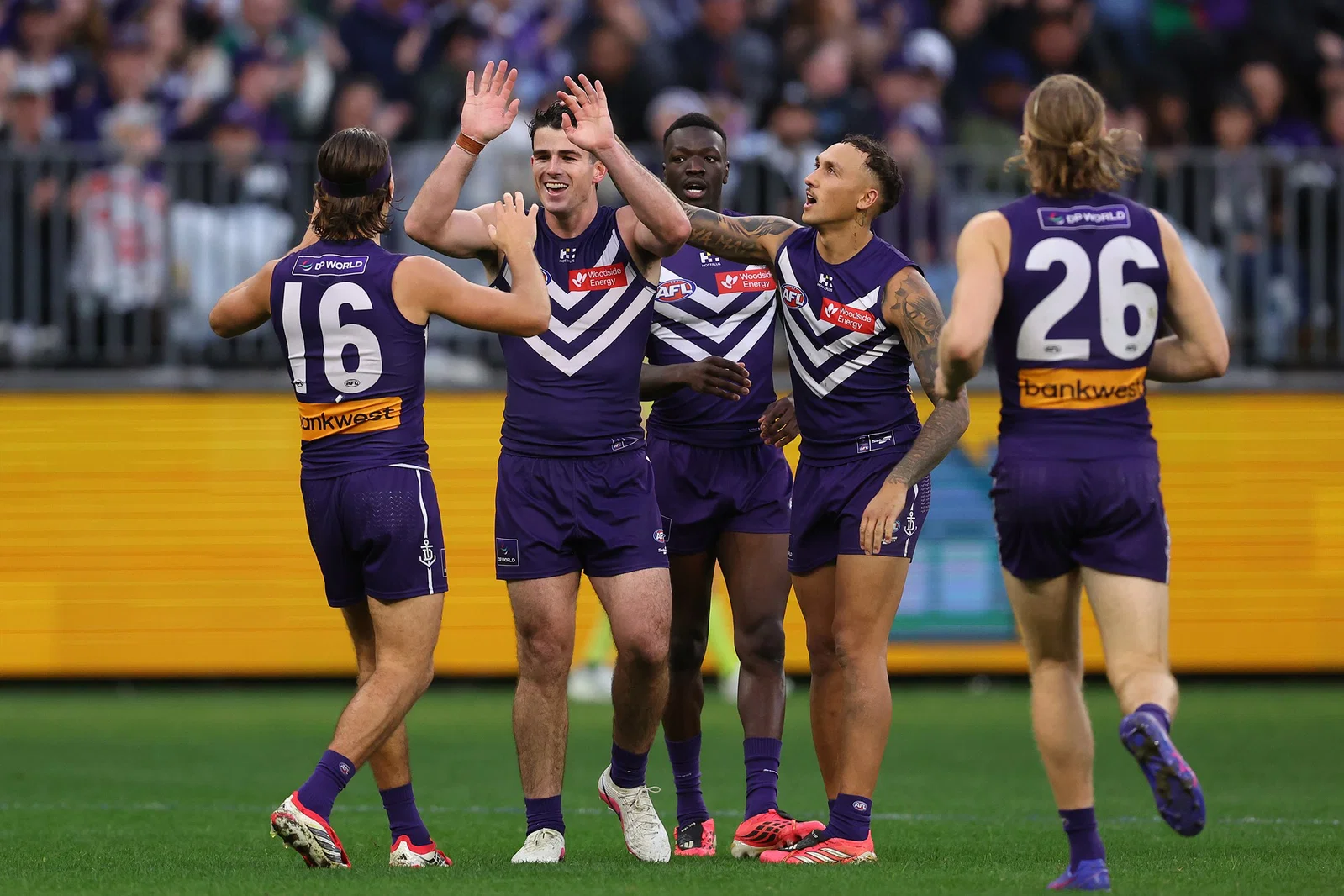 Andrew Brayshaw of the Dockers celebrates a goal during the round 16 AFL match between Fremantle Dockers and Gold Coast Suns at Perth Stadium, on June 28, 2026, in Perth, Australia.