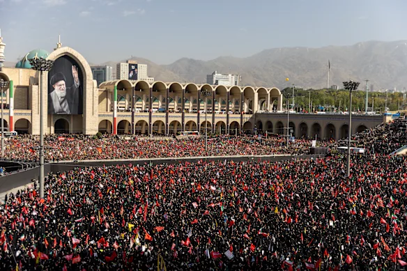 Huge crowds gather at the Imam Khomeini Grand Mosalla for a farewell ceremony for Iran’s late Ayatollah Ali Khamenei.