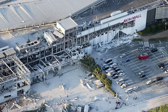 Aerial image showing the damaged AEON Mall after an earthquake in Kashima, Kumamoto prefecture, southern Japan.