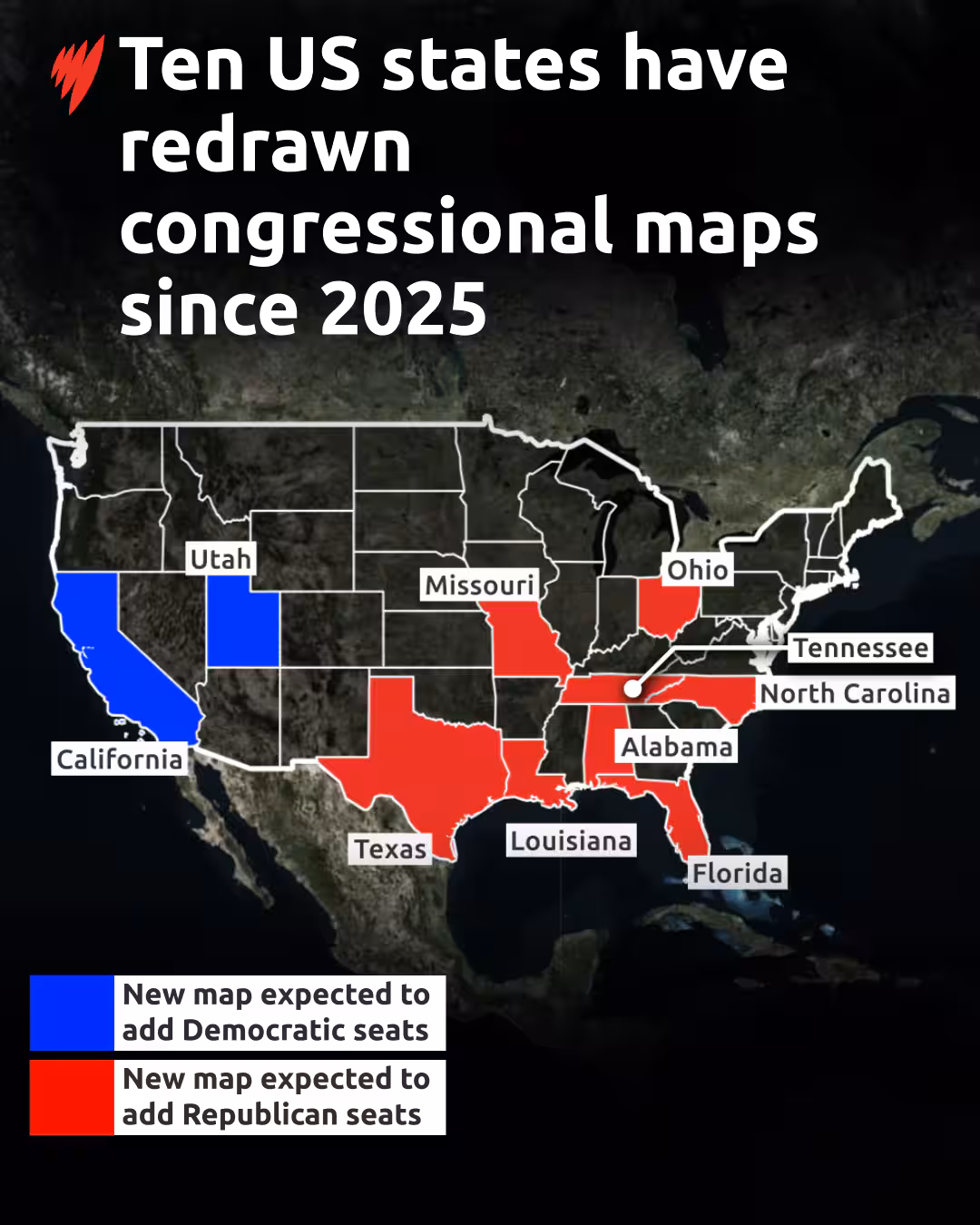 A map showing some US states highlighted in blue or red to indicate if they've had maps redrawn and which party the new map favours.