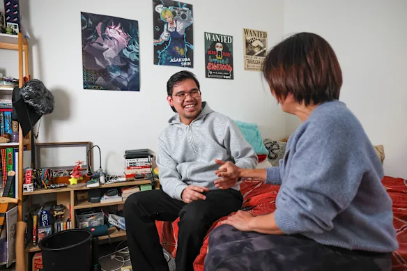 Ethan Benedicto with his mother, Sheila Benedicto, at home in Melbourne.