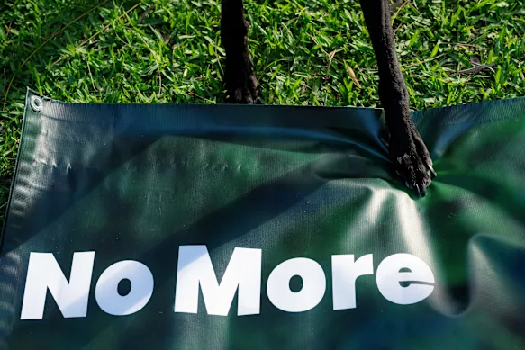 A greyhound steps on a banner during a rally near Wentworth Park on the final night of greyhound racing at the venue. 